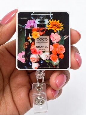 Handmade Mademoiselle Floral Perfume Bottle Retractable Badge Reel ID Holder